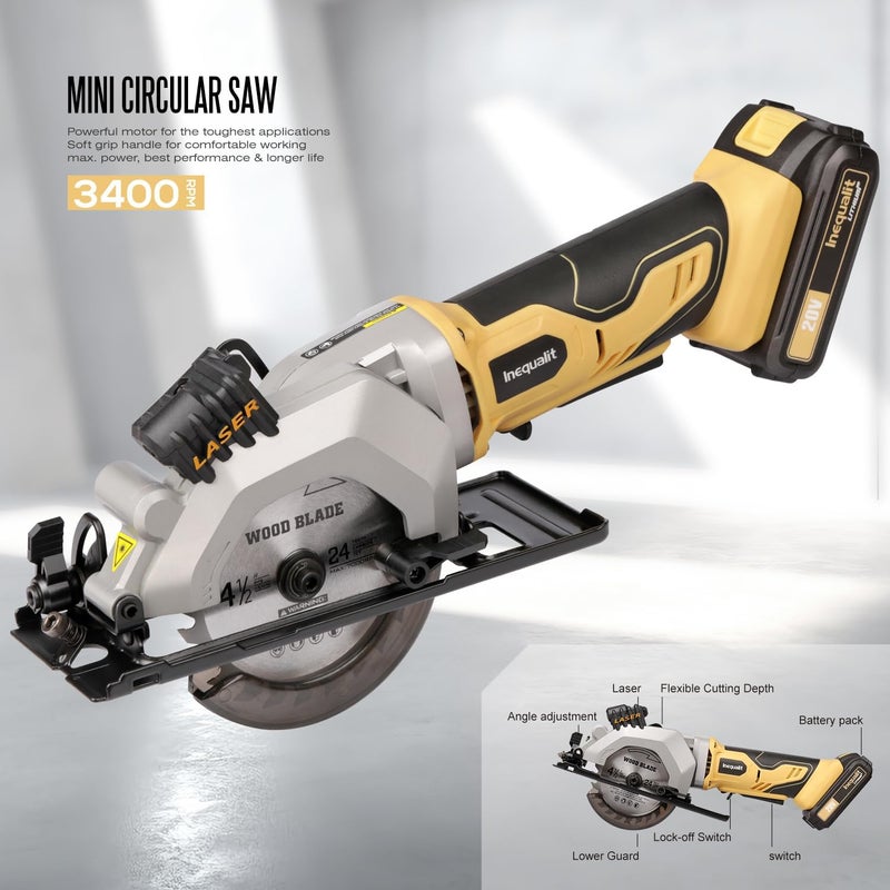 Inequalit Mini Circular Saw, 3400 RPM 4-1/2 Inch Cordless Circular Saw with Laser Guide, Rip Guides, 2 Blades (24T Wood + 60T Metal), Max Cutting Depth 1-11/16" (90°), 1-1/8" (45°)" - Image 3